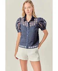 English Factory Women's Short Sleeve Organza Grid Blouse