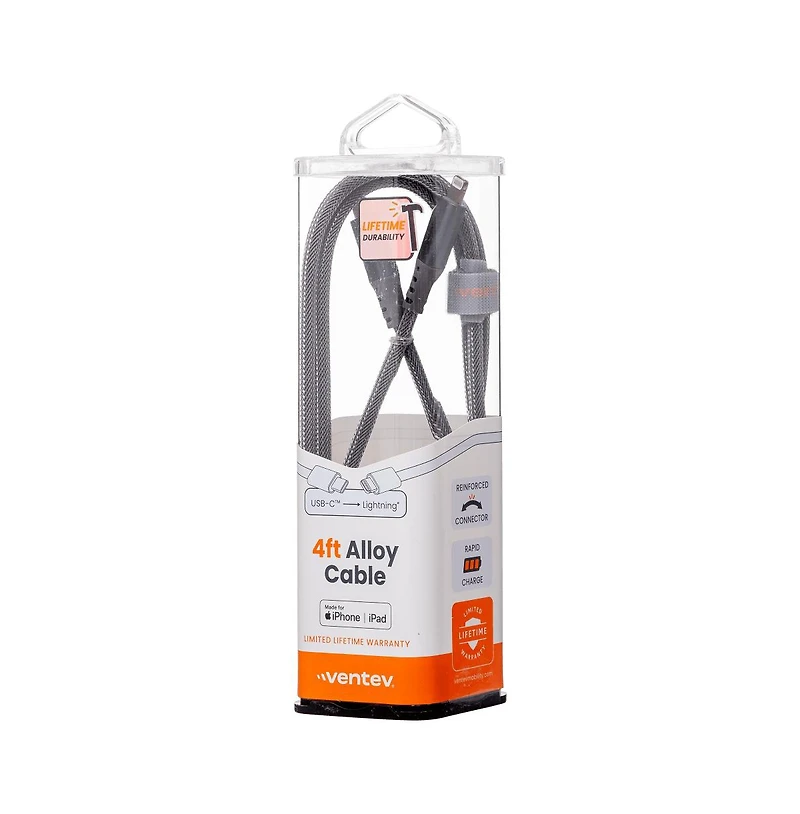 Ventev Alloy Usb C to Apple Lightning High Speed Ultradurable 4 Foot Cable-Silver
