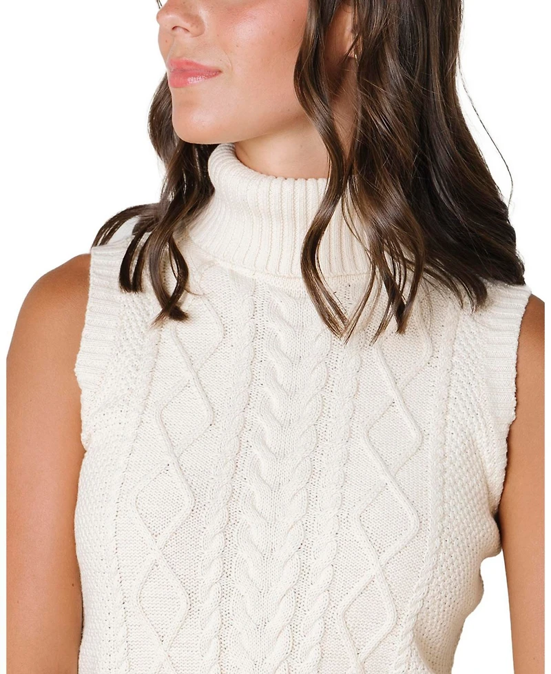 Hope & Henry Women's Organic Sleeveless Cable Knit Turtleneck Sweater