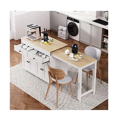 Maison Boucle 74.5" Kitchen Island with Pull-Out Dining Table, Rolling Storage Cart with 2 Drawers, Cabinets & Spice Rack-Maison Boucle