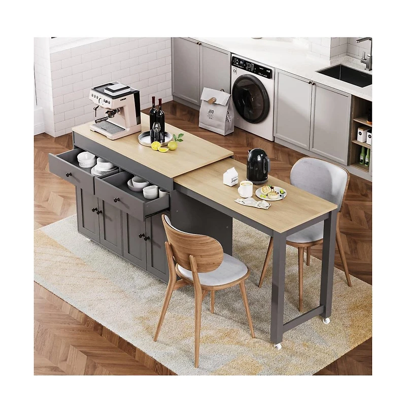 Maison Boucle 74.5" Kitchen Island with Pull-Out Dining Table, Rolling Storage Cart 2 Drawers, Cabinets & Spice Rack-Maison