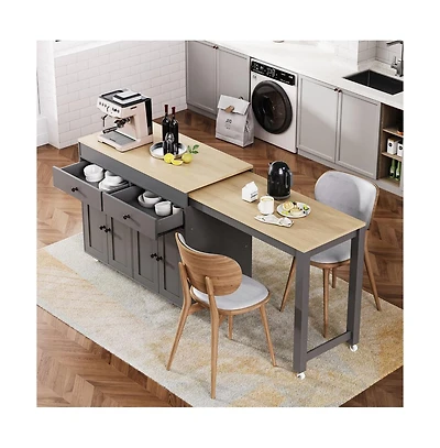 Maison Boucle 74.5" Kitchen Island with Pull-Out Dining Table, Rolling Storage Cart 2 Drawers, Cabinets & Spice Rack-Maison