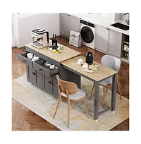 Maison Boucle 74.5" Kitchen Island with Pull-Out Dining Table, Rolling Storage Cart 2 Drawers, Cabinets & Spice Rack-Maison