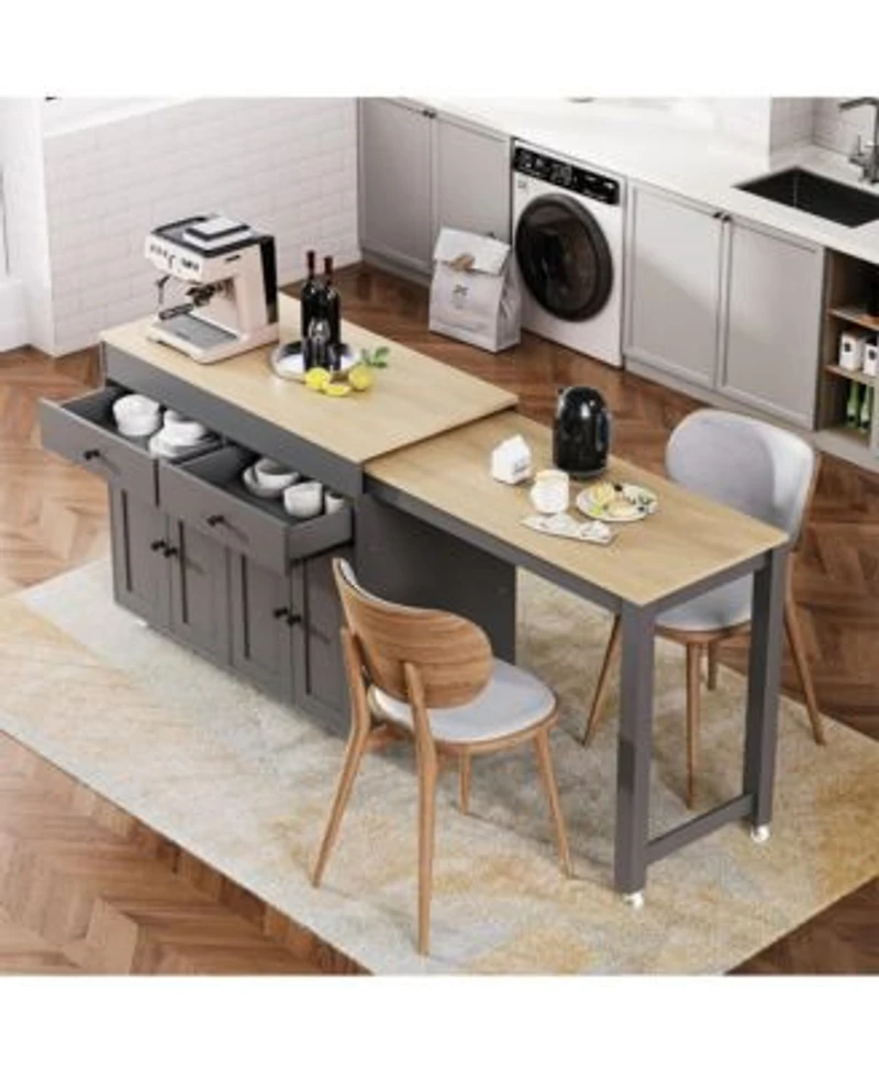 Maison Boucle 74.5 Kitchen Island With Pull Out Dining Table Rolling Storage Cart With 2 Drawers Cabinets Spice Rack Maison Boucle