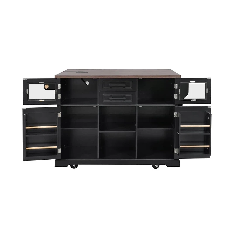 Maison Boucle 54.9" Rolling Kitchen Island with Drop Leaf & Power Outlet, Farmhouse Storage Cart Adjustable Shelves-Maison