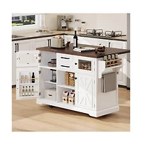 Maison Boucle 54.9" Rolling Kitchen Island with Drop Leaf & Power Outlet, Farmhouse Storage Cart with Adjustable Shelves-Maison Boucle