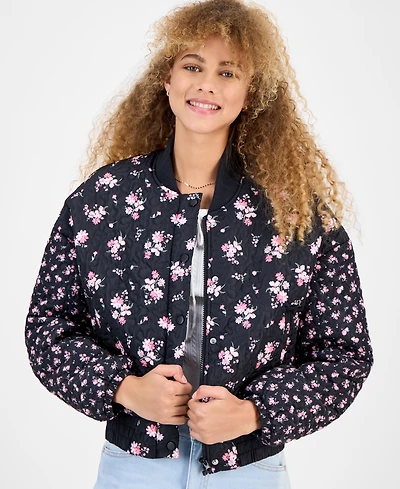 Rebel Veil Juniors' Floral-Print Quilted Bomber Jacket