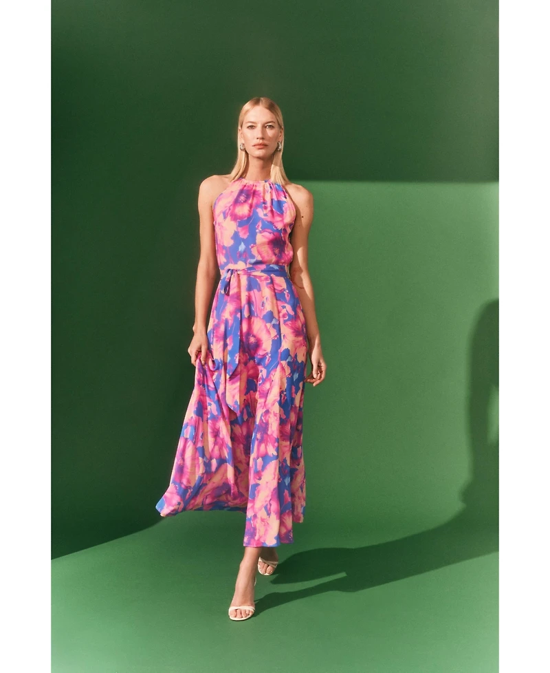 Isaac Mizrahi Women's Halter Tie Waist Ankle Length Dress