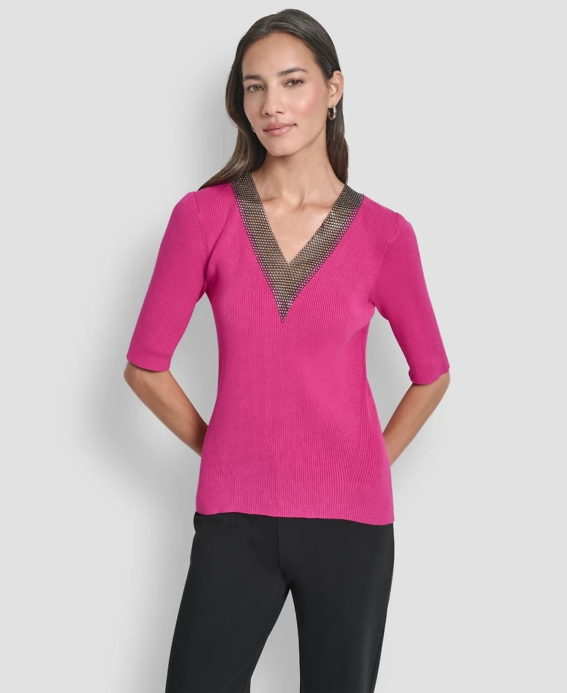 Dkny Women's Embellished-Neck Half-Sleeve Ribbed Sweater
