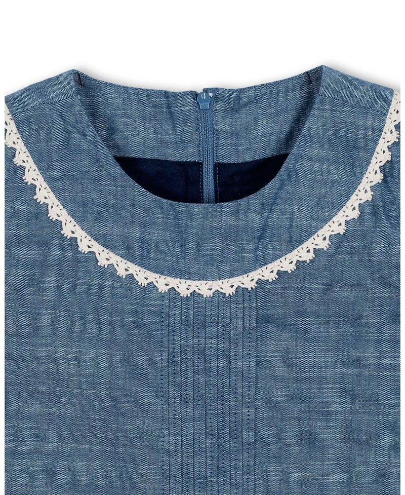 Hope & Henry Little and Big Girls' Organic Puff Sleeve Pintuck Chambray Dress