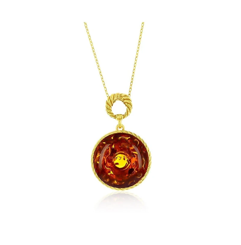 Caribbean Treasures Sterling Silver, Round Amber, Rope Design Outline Pendant - Gold Plated