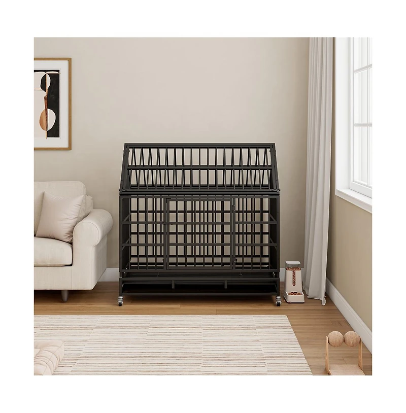 Aostirmotor Black Metal 48 in. Heavy Duty Dog Crate with Wheels, Folding Big Dog Cage with a pointed roof and Removable Tray