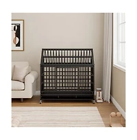 Aostirmotor Black Metal 48 in. Heavy Duty Dog Crate with Wheels, Folding Big Dog Cage with a pointed roof and Removable Tray