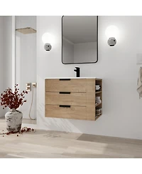 Casainc 30 Inch Wall-Mounted Vanity with Sink, Soft-Close Drawer, and Side Storage Shelf