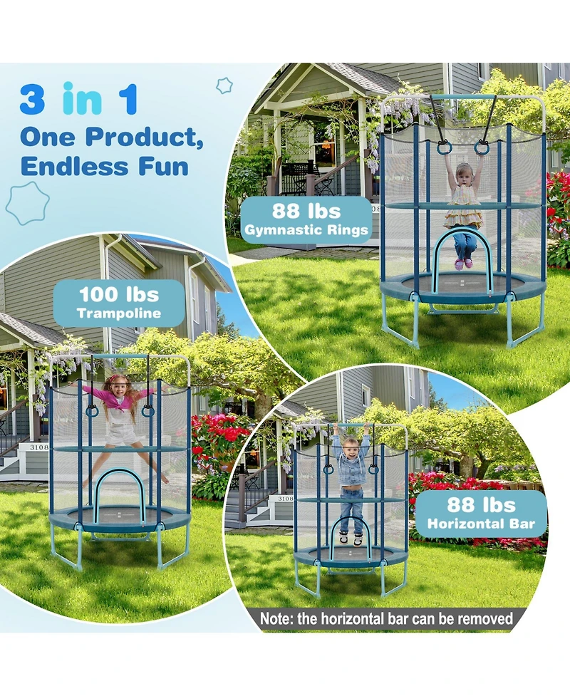 Akiudex 60-Inch Trampoline with Gymnastic Bar and Rings for Kids