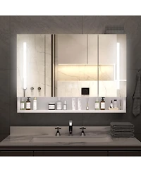 Casainc 39×28 Inch Aluminum Bathroom Mirror Cabinet with Led Lights and Storage Compartments