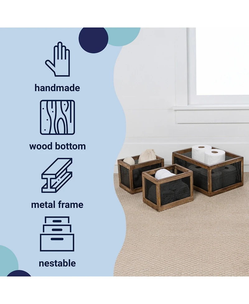 Fallon Modern Minimalist Handmade Wooden Metal Nesting Storage Baskets, (Set of 3)