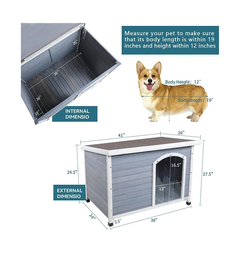 Aostirmotor Medium Wooden Outdoor Dog House with Adjustable Plastic Feet and Elevated Floor