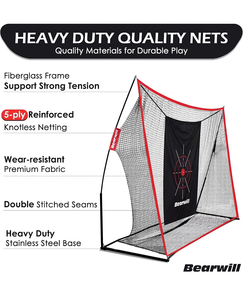 Bearwill 10x7ft Heavy Duty Golf Practice Net - Includes Mat, Target Cloth, 8 Tees, 6 Balls & Carry Bag, for Backyard, Indoor & Outdoor Training