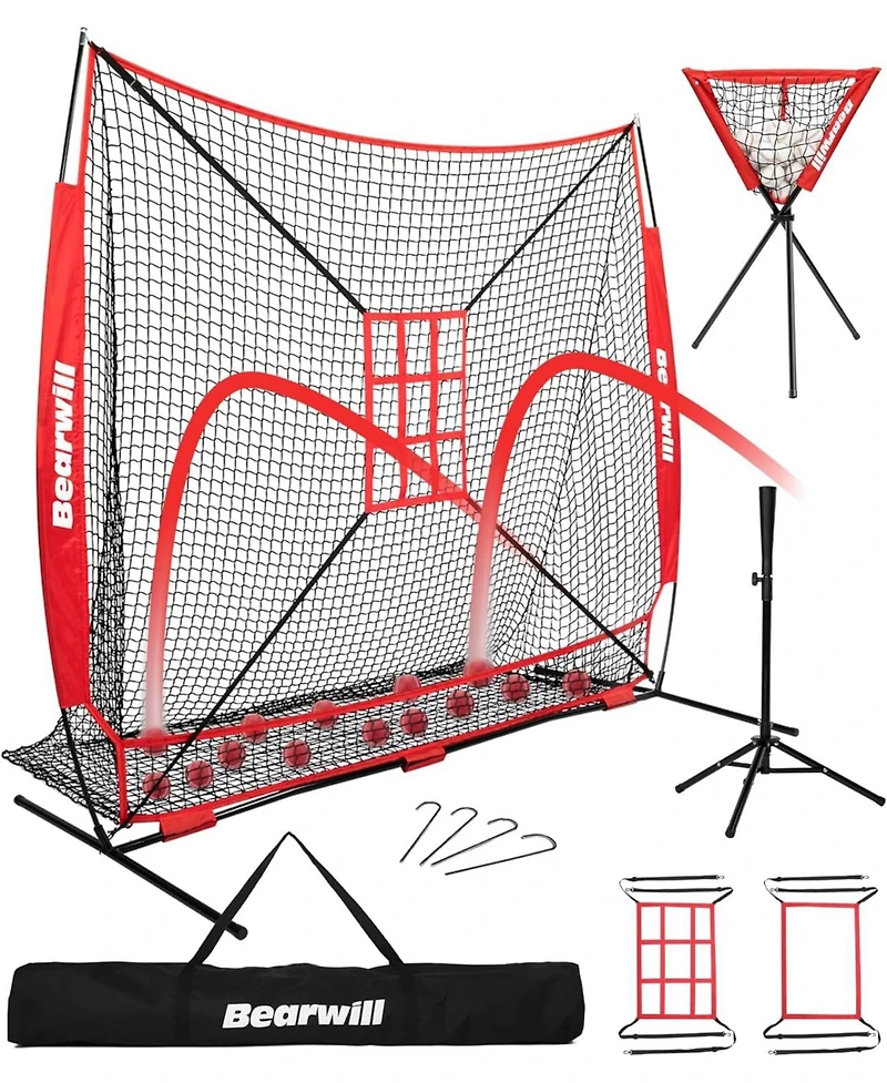 Bearwill 7x7ft Baseball & Softball Net - Pitching, Hitting & Batting Practice Set with Ball Collection System, Tee, 2 Strike Zones & Carry Bag
