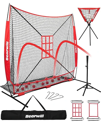 Bearwill 7x7ft Baseball & Softball Net - Pitching, Hitting & Batting Practice Set with Ball Collection System, Tee, 2 Strike Zones & Carry Bag