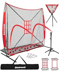 Bearwill 7x7ft Baseball & Softball Net - Pitching, Hitting & Batting Practice Set with Ball Collection System, Tee, 2 Strike Zones & Carry Bag