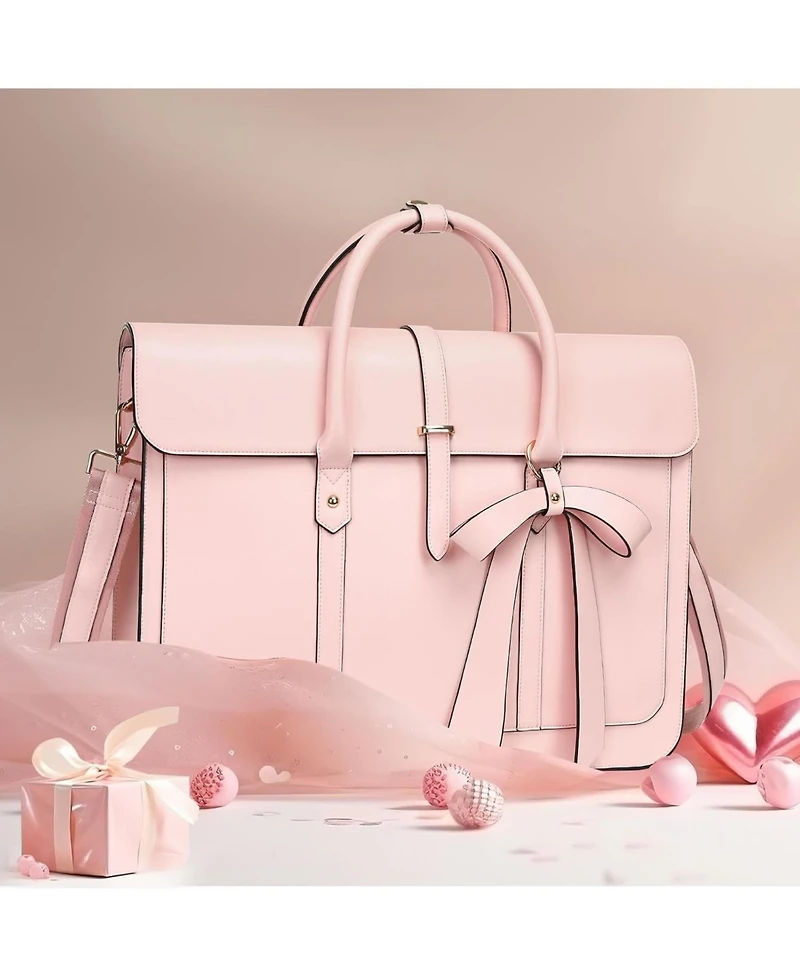 Mosiso Pink Pu Leather Laptop Bag for Women - 15-15.6 Inch Convertible Backpack & Messenger Bag, 16 Inch Work Briefcase with Bowknot