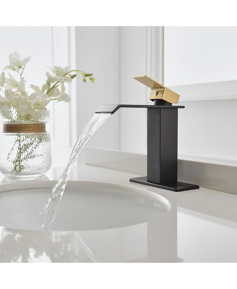 Waterfall Single Hole Single-Handle Low-Arc Bathroom Faucet With Supply Line Brushed Gold