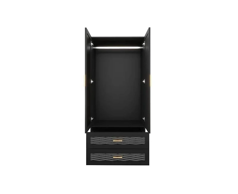Freestanding Wardrobe Cabinet with Mirror, Clothes Rod, and Storage Drawer Space
