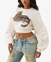 True Religion Women's Crystal Leopard Ruched Pullover Top