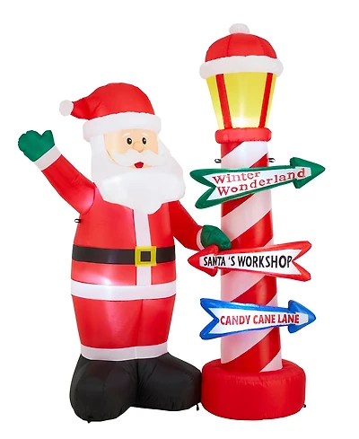 Glitzhome 7" Lighted Inflatable Santa with Lamp Post Sign Decor