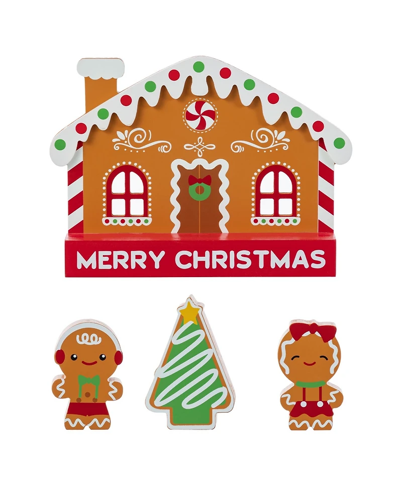 Glitzhome Wooden Christmas Gingerbread House Table Decor, Set of 4