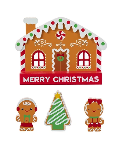 Glitzhome Wooden Christmas Gingerbread House Table Decor, Set of 4