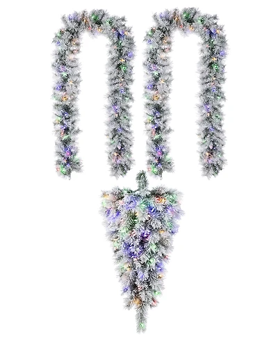 Glitzhome Pre-Lit Snow Flocked Greenery Pine Christmas Teardrop and Matched Garlands, Set of 3