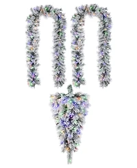 Glitzhome Pre-Lit Snow Flocked Greenery Pine Christmas Teardrop and Matched Garlands, Set of 3