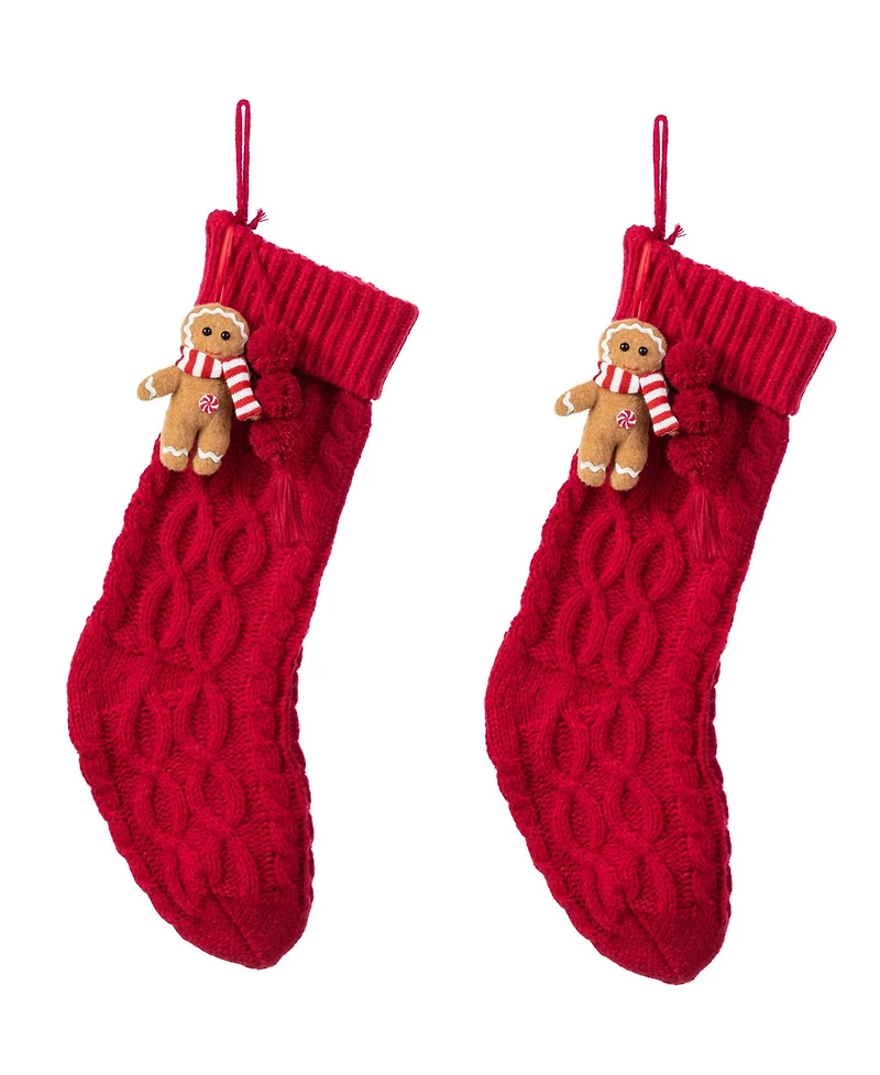 Glitzhome Knitted Christmas Stockings with Complimentary Gingerbread Man Ornament, Set of 2