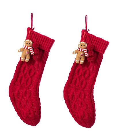 Glitzhome Knitted Christmas Stockings with Complimentary Gingerbread Man Ornament, Set of 2