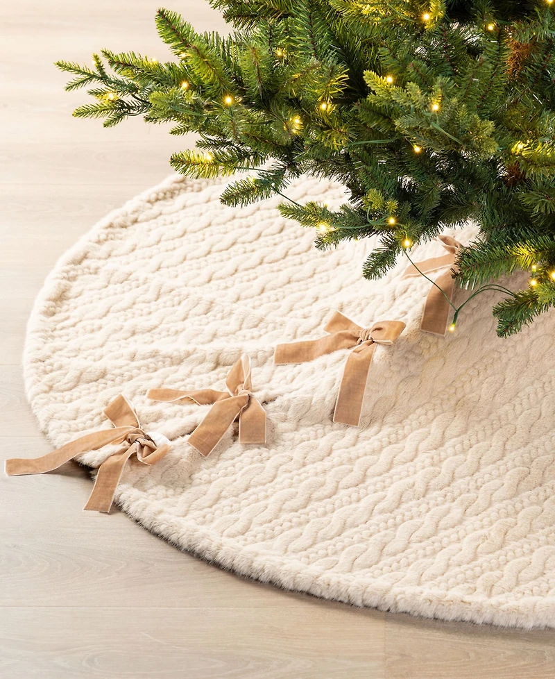 Glitzhome Twisted Faux Marten Fur Christmas Tree Skirt and Stocking with Bow, Set of 2