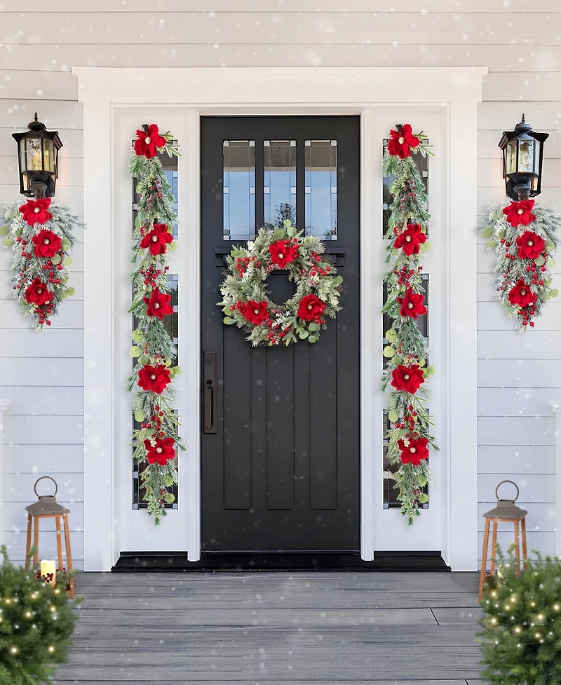 Glitzhome Christmas Mangnolia Berry Wreath and Matched Garlands, Set of 3