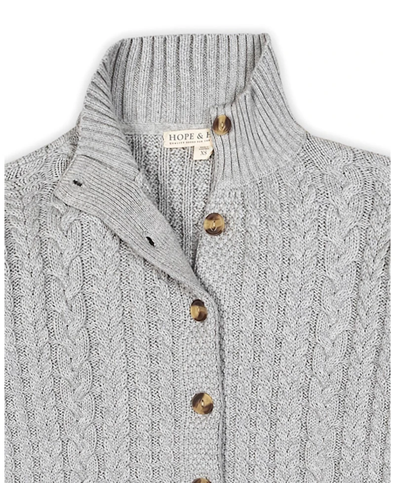 Hope & Henry Women's Organic Mock Neck Cable Cardigan Sweater