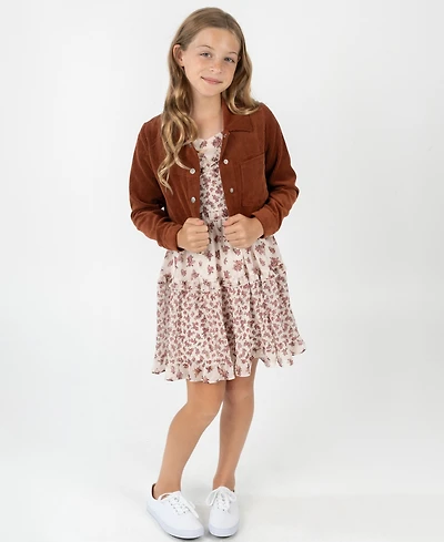 Rare Editions Big Girl 2-Piece Floral Chiffon Dress with Corduroy Jacket Set