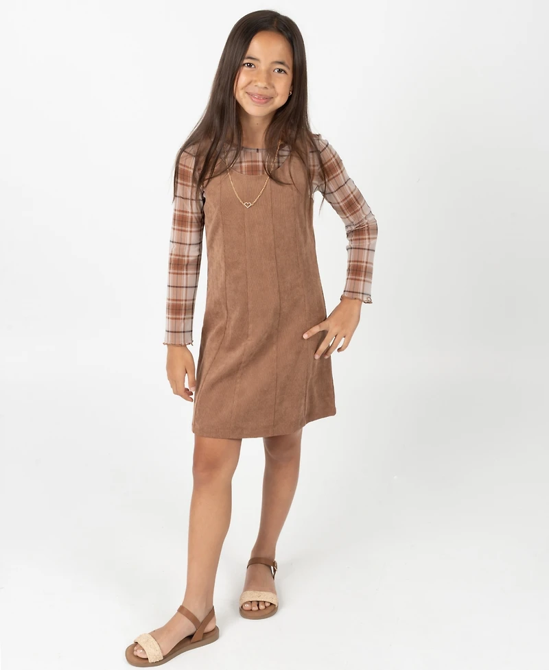 Rare Editions Big Girl 2-Piece Corduroy Dress over Plaid Mesh Top with Necklace Set