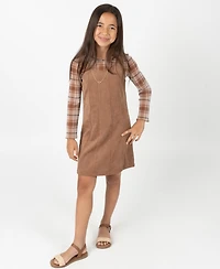 Rare Editions Big Girl 2-Piece Corduroy Dress over Plaid Mesh Top with Necklace Set
