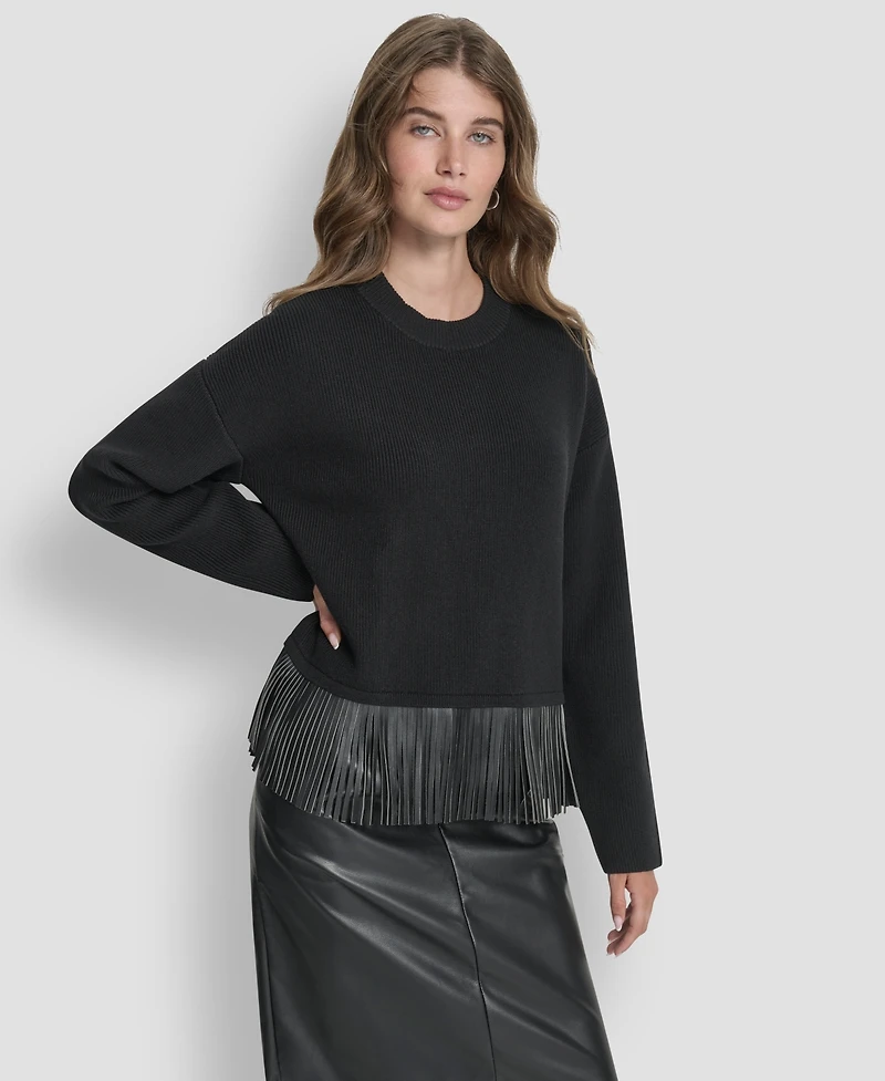 Dkny Women's Long Sleeve Fringe Hem Sweater
