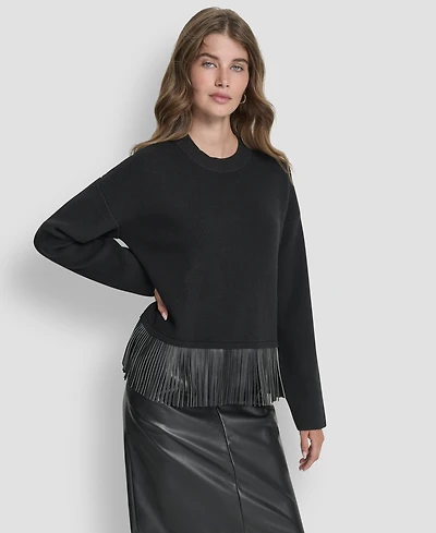 Dkny Women's Long Sleeve Fringe Hem Sweater