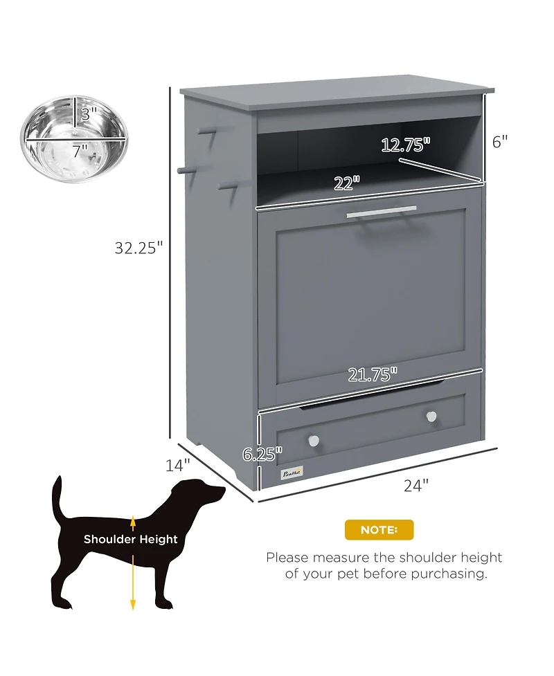 Aostirmotor Dog Feeder Cabinet with Raised Bowls and Hooks Grey