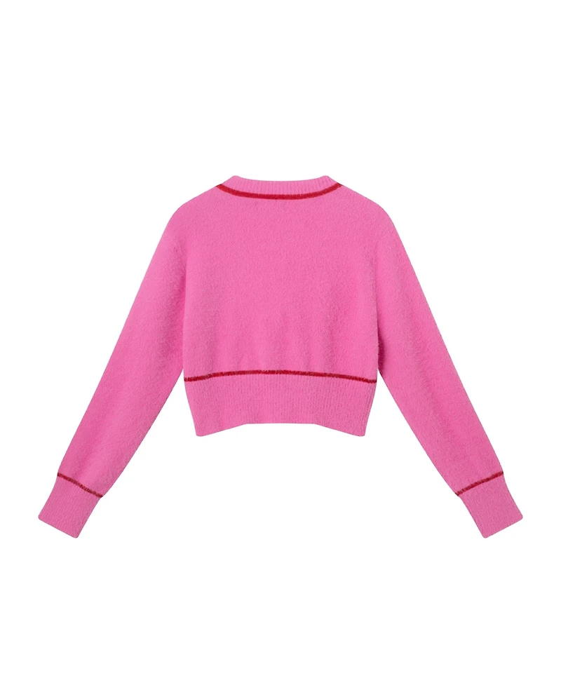 Andy & Evan Child Girls Pink Eyelash Cardigan Sweater w/Red Satin Bow