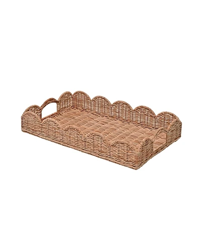 Jonathan Y Scalloped Southwestern Cottage Hand-Woven Rattan Tray with Handles