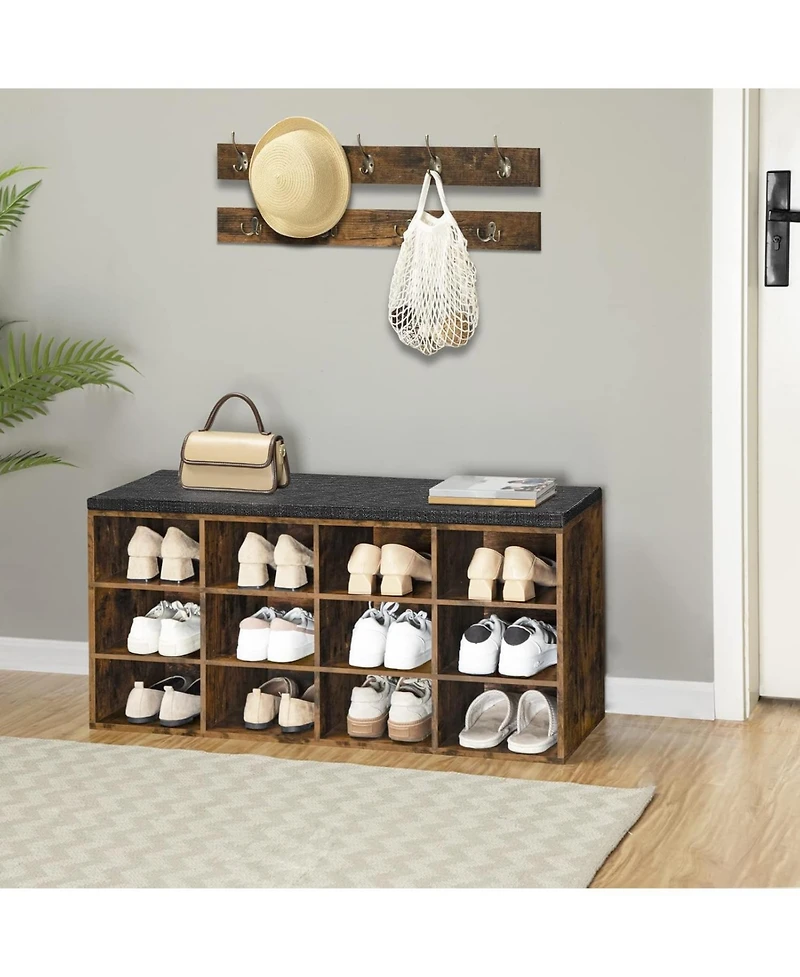 Shoe Storage Bench with Cushion, 39.4" L Entryway Bench with 12 Cubbies, Entryway Hall Tree with Storage, Shoe Cabinet with Coat Rack for Bedroom