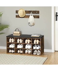 Shoe Storage Bench with Cushion, 39.4" L Entryway Bench with 12 Cubbies, Entryway Hall Tree with Storage, Shoe Cabinet with Coat Rack for Bedroom